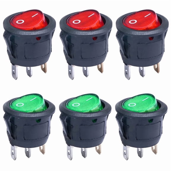 KCD1-105 Round Rocker Switch, 6A 250V, 3 Pins, 2-Position On/Off, Red Green LED, ABS, 6-Pack