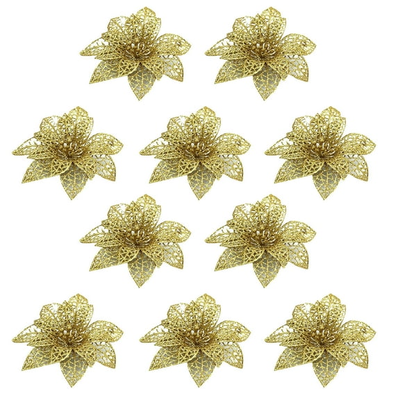 KCEHTA 10 Pcs Christmas Glitter Poinsettia Flowers, Poinsettia Artificial Christmas Flowers, Christmas Tree Flower Decorations, Pointsetters Flowers for Christmas Trees, Wreaths, Garlands