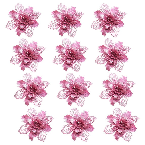 KCEHTA 12 Pcs Christmas Glitter Poinsettia Flowers, Christmas Tree Flowers with Clips, Poinsettia Artificial Christmas Flowers, Pointsetters Flowers for Christmas Trees, Wreaths, Garlands