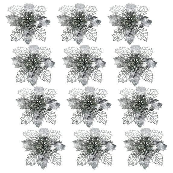 KCEHTA 12 Pcs Christmas Glitter Poinsettia Flowers, Christmas Tree Flowers with Clips, Poinsettia Artificial Christmas Flowers, Pointsetters Flowers for Christmas Trees, Wreaths, Garlands