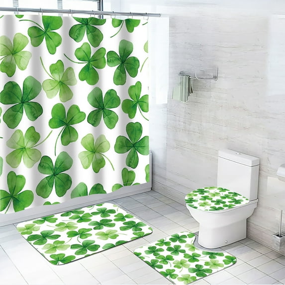 KCEHTA 4 Pcs St Patricks Day Shower Curtain Set with Non Slip Rugs Toilet Lid Cover U Shape Bath Mat Waterproof Shamrock Shower Curtain with 12 Hooks St Patricks Day Bathroom Set