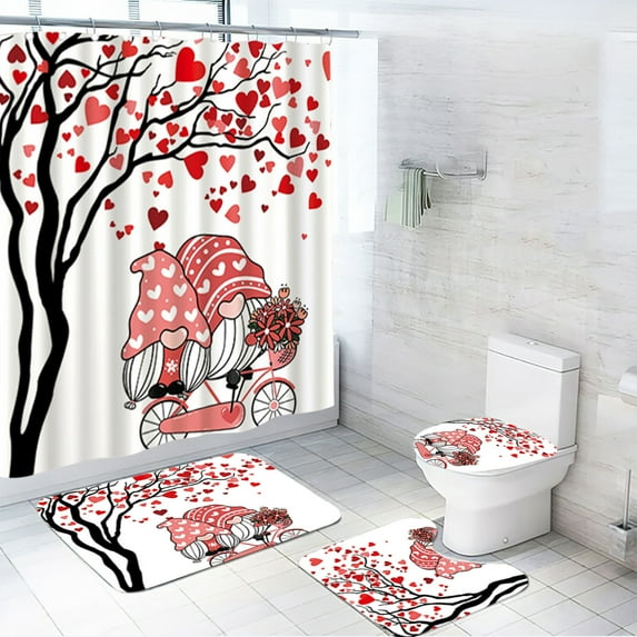KCEHTA 4 Pcs Valentine's Day Shower Curtain Set with Non Slip Rugs Toilet Lid Cover U Shape Bath Mat Love Heart Shower Curtain Valentines Bathroom Decor