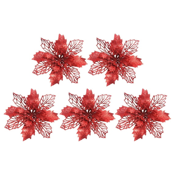 KCEHTA 5 Pcs Christmas Glitter Poinsettia Flowers, Christmas Tree Flowers with Clips, Poinsettia Artificial Christmas Flowers, Pointsetters Flowers for Christmas Trees, Wreaths, Garlands