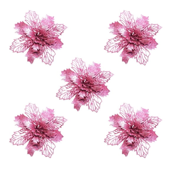 KCEHTA 5 Pcs Christmas Glitter Poinsettia Flowers, Poinsettia Artificial Christmas Flowers, Christmas Tree Flowers, Pointsetters Flowers for Christmas Trees, Wreaths, Garlands