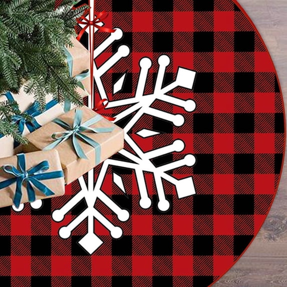 KCEHTA Christmas Tree Skirt 36 Inch Red and Black Buffalo Plaid Tree Skirt Cute Snowflake Themed Xmas Tree Skirt Rustic Christmas Decorations for Home Office Winter Party Decor