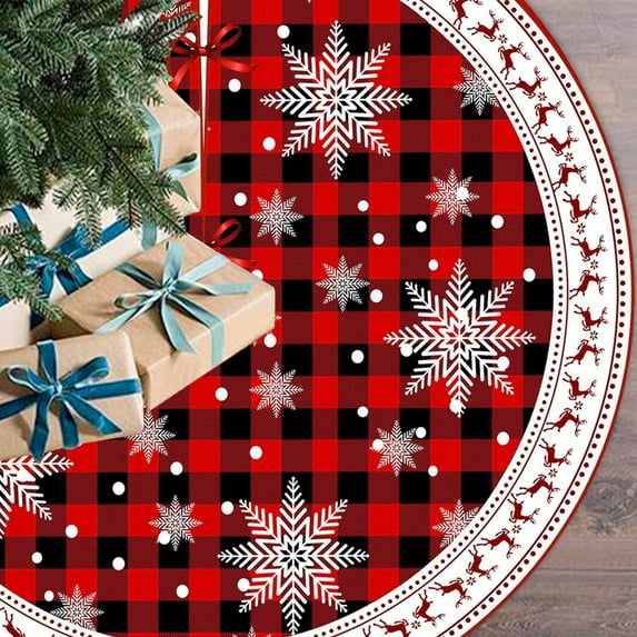 KCEHTA Christmas Tree Skirt 36 Inch Red and Black Buffalo Plaid Tree Skirt Cute Snowflake Themed Xmas Tree Skirt Rustic Christmas Decorations for Home Office Winter Party Decor