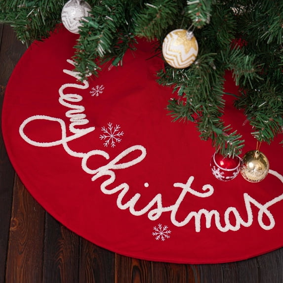 KCEHTA Christmas Tree Skirt 36 Inch White Snowflake Merry Christmas Red Xmas Tree Skirt Rustic Christmas Decorations for Winter Party Home Office Decor