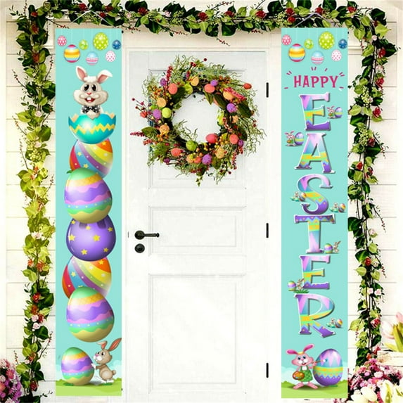 KCEHTA Easter Door Banner, Happy Easter Decorations Banner, Easter Porch Banner, Easter Bunny Door Banner, Easter Banner Welcome Sign for Front Door Porch Outdoor