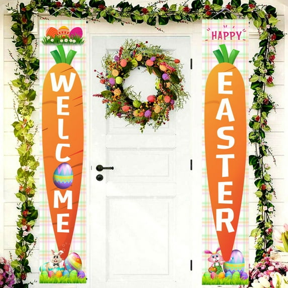 KCEHTA Easter Door Banner, Happy Easter Hanging Banners, Easter Porch Banner, Easter Bunny Door Banner, Easter Banner Welcome Sign for Front Door Porch Indoor Outdoor Easter Party Supplies