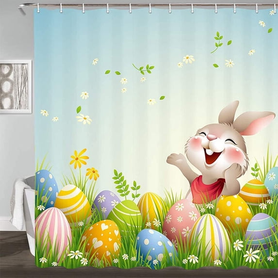 KCEHTA Easter Shower Curtain Colorful Bunny Rabbit Spring Floral Bathroom Shower Curtain with Hooks