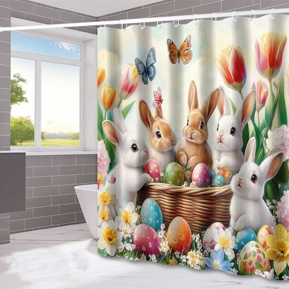 KCEHTA Easter Shower Curtain Colorful Bunny Rabbit Spring Floral Bathroom Shower Curtain with Hooks