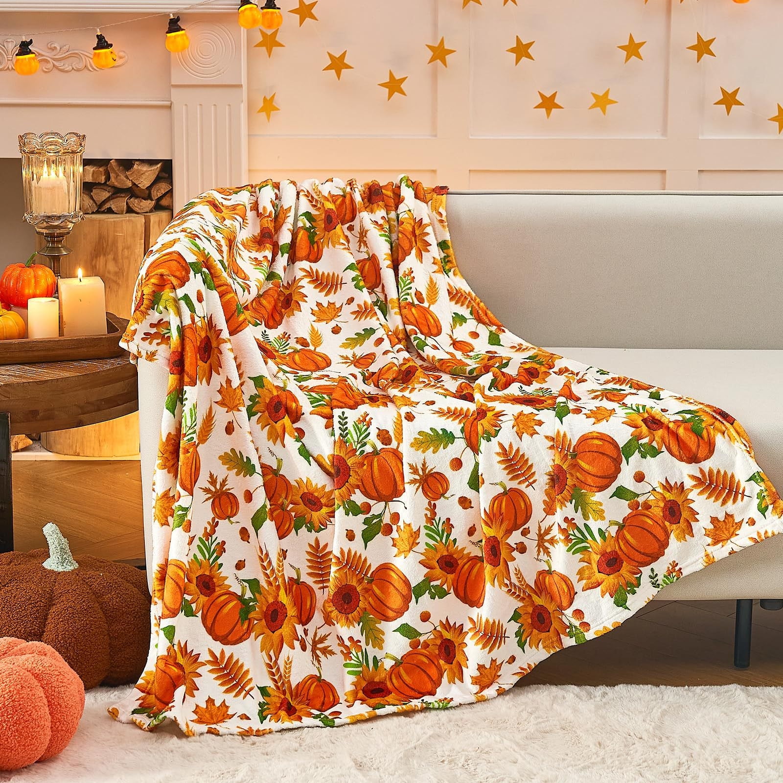 KCEHTA Fall Throw Blanket Pumpkin Sunflower Pattern Flannel Blanket ...