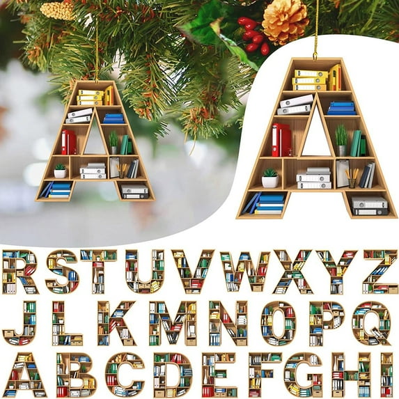 KCEHTA Letter Christmas Ornaments, Christmas Book Ornaments, Book Lover Christmas Ornaments, Letter Shaped Bookshelf Pendant, 26 Letters Christmas Tree Decoration Pendant