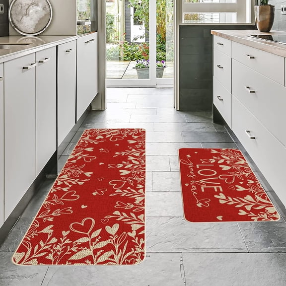 KCEHTA Set of 2 Valentines Day Kitchen Mats, Love Heart Valentines Kitchen Rugs Valentines Day Kitchen Decor Non-Slip Washable Welcome Floor Mat for Wedding Anniversary Birthday Party Decorations