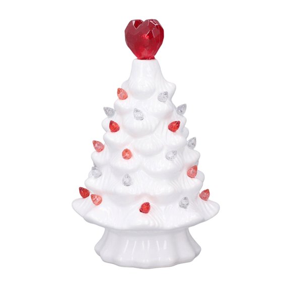 KCEHTA Valentines Day Ceramic Tree Lights, Valentine Ceramic Tree with Lights, Red Heart Topper White Ceramic Christmas Tree Night Light, Valentines Day Table Decorations