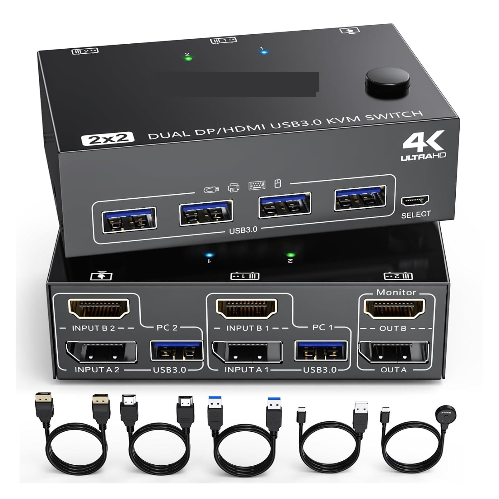 KCEVE DP USB 3.0 Dual Monitors Displayport KVM Switch,Supports For 2 Computers Share Keyboard Mouse And Monitor