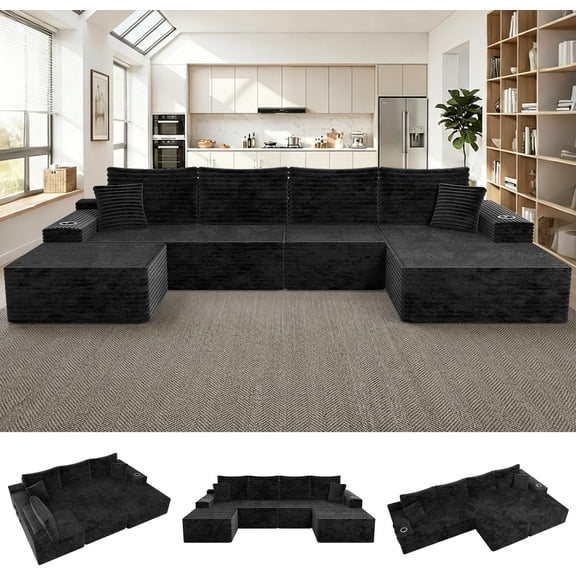 KCGKCG 138" Cloud Modular Sectional Couch with Ottoman, Extra Large U Shaped Sofa Bed, High 17.7" Seat Height, 32D Pure Foam, Modular Seating for Family Living Room, No Assembly
