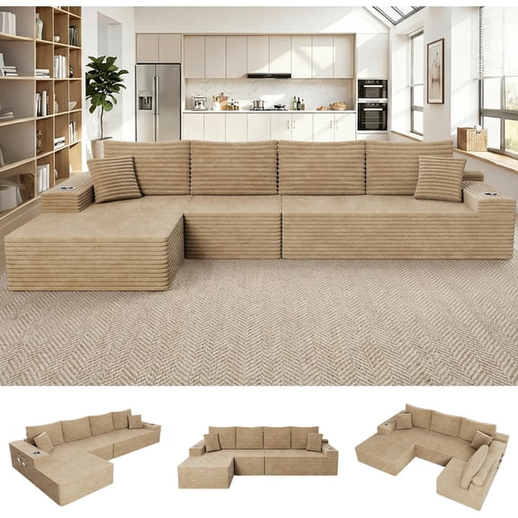 KCGKCG 138" Cloud Sectional Couch with L Shape Chaise, Extra Large Frameless Corduroy Sofa, Higher 17.7" Seat Height, 32D Pure Foam, Modular Seating for Living Room, No Assembly
