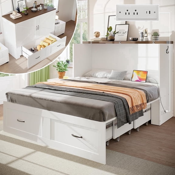 KCGKCG Queen Size Murphy Bed with Storage & Charging Station, Murphy Cabinet Bed with Large Drawer for Guest Bedroom, Living Room, Office or Small Room, Full Foldable Platform Bed (White, Queen)