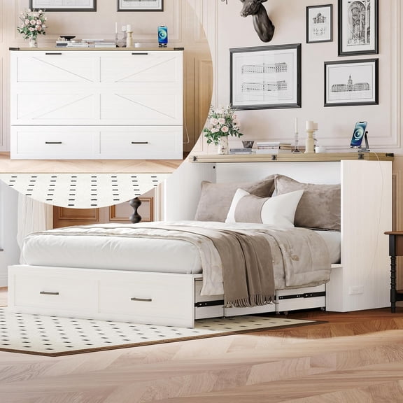 KCGKCG Modern Farmhouse Solid Wood Murphy Cabinet Bed with Charging Station, Foldable Wall Platform Bed with Storage Drawer/No Box Spring Needed/Easy Assemble/Queen, White