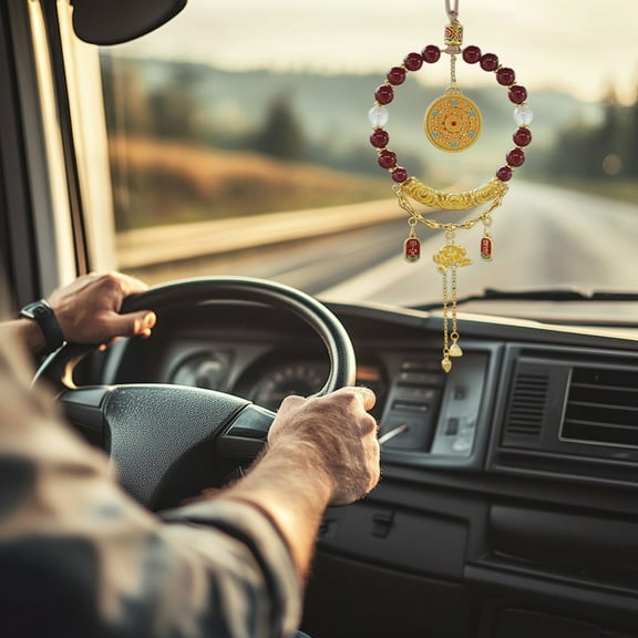 KCGYNP Antique Gold Car Rearview Mirror Pendant Clearance,Plastic Car Security Decor,Exquisite Craftsmanship Safe Driving Accessory,16.53x3.15x1.18 Inch