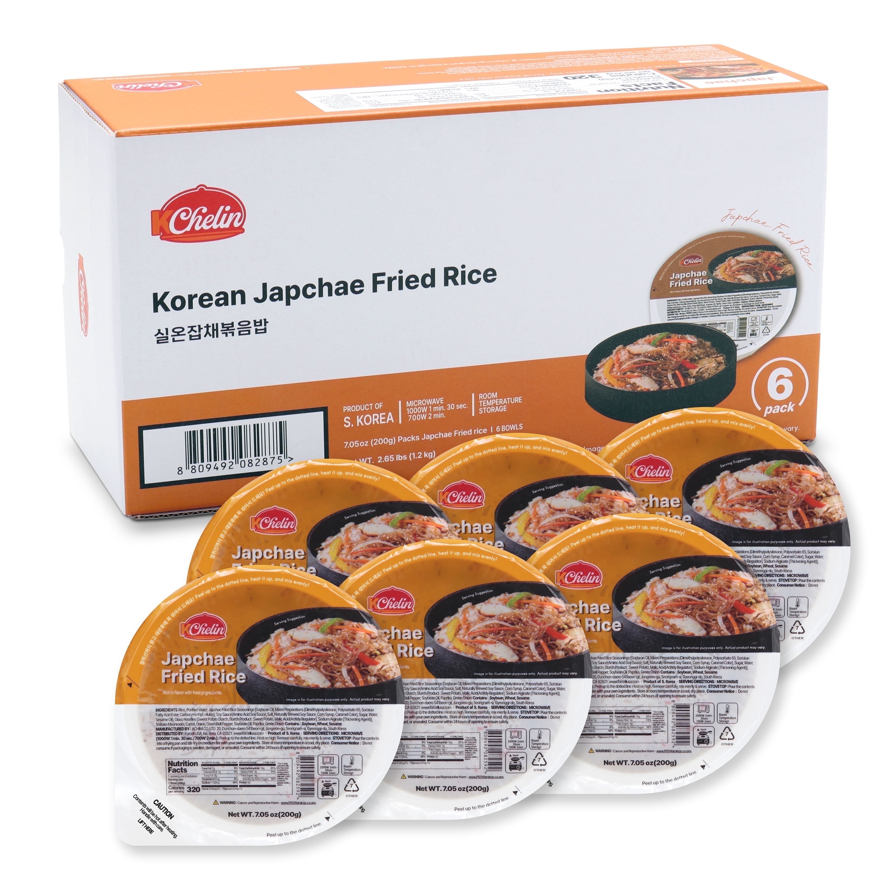[KCHELIN] Microwaveable Korean Japchae Fried Rice (Pack of 6), Korean Food, Instant, Quick & Delicious, Shelf- Stable, On-the-Go Meals, 7.05 oz per Bowl