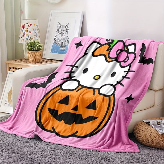 KCKTHDN Hello Kitty Halloween Pumpkin Flannel Throw Blanket Cozy Soft Cartoon Throw For Girls,Women All Seasons Flannel Knit Blanket For Indoor,Picnic,Travel Pink 40x30in