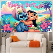 KCKTHDN Lilo & Stitch Large Happy Birthday Tapestry Versatile Hanging Banner For Indoor/Outdoor Party Decor 29x37in