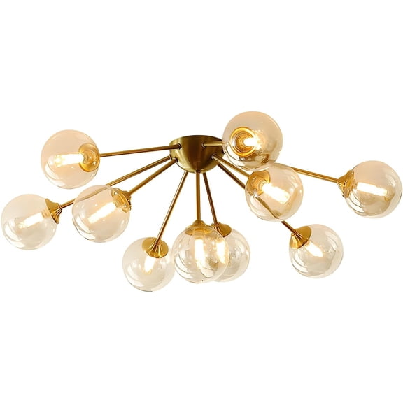 KCO Lighting 10-Lights Mid Century Semi Flush Mount Ceiling Light Gold Globe Sputnik Chandelier Ceiling Lights