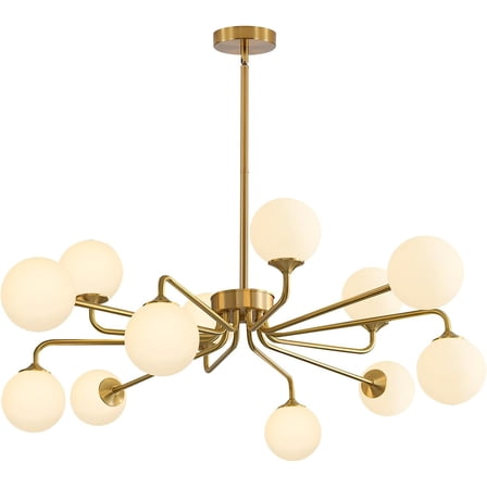 KCO Lighting 12 Light Modern Sputnik Chandelier, White Glass Globe Pendant Light, Geometric Brushed Brass Chandelier