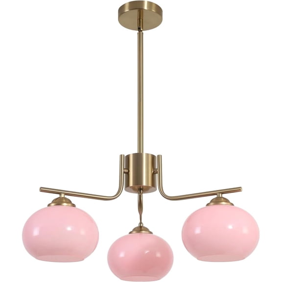 KCO Lighting 3 Light Pink Bubble Glass Modern Chandelier, Gold Sputnik Light Fixture, Adjustable Height