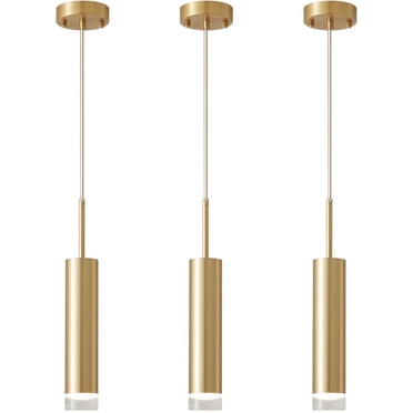 KCO Lighting 3 Pack Industrial Gold LED Long Tube Pendant Light, Mid Century Modern Bushed Brass Mini Cylinder Hanging Ceiling Light Fixtures