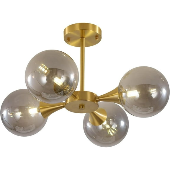 KCO Lighting Mid Century Smoke Gray Glass Chandelier Modern Gold Globe Semi Flush Mount Ceiling Lamp