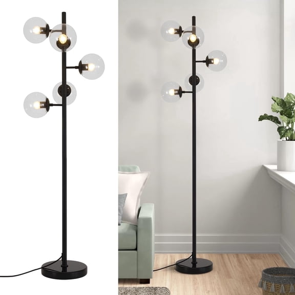 KCO Lighting 5 Light Globe Floor Lamp Black Tall Floor Lamp Mid Century Modern Standing Light Contemporary Standing Lighting