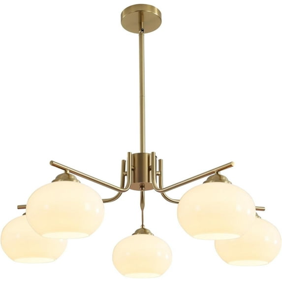 KCO Lighting 5-Light Brass Gold Globe Sputnik Chandelier Modern Milk Glass Ball Kitchen Island Lamp