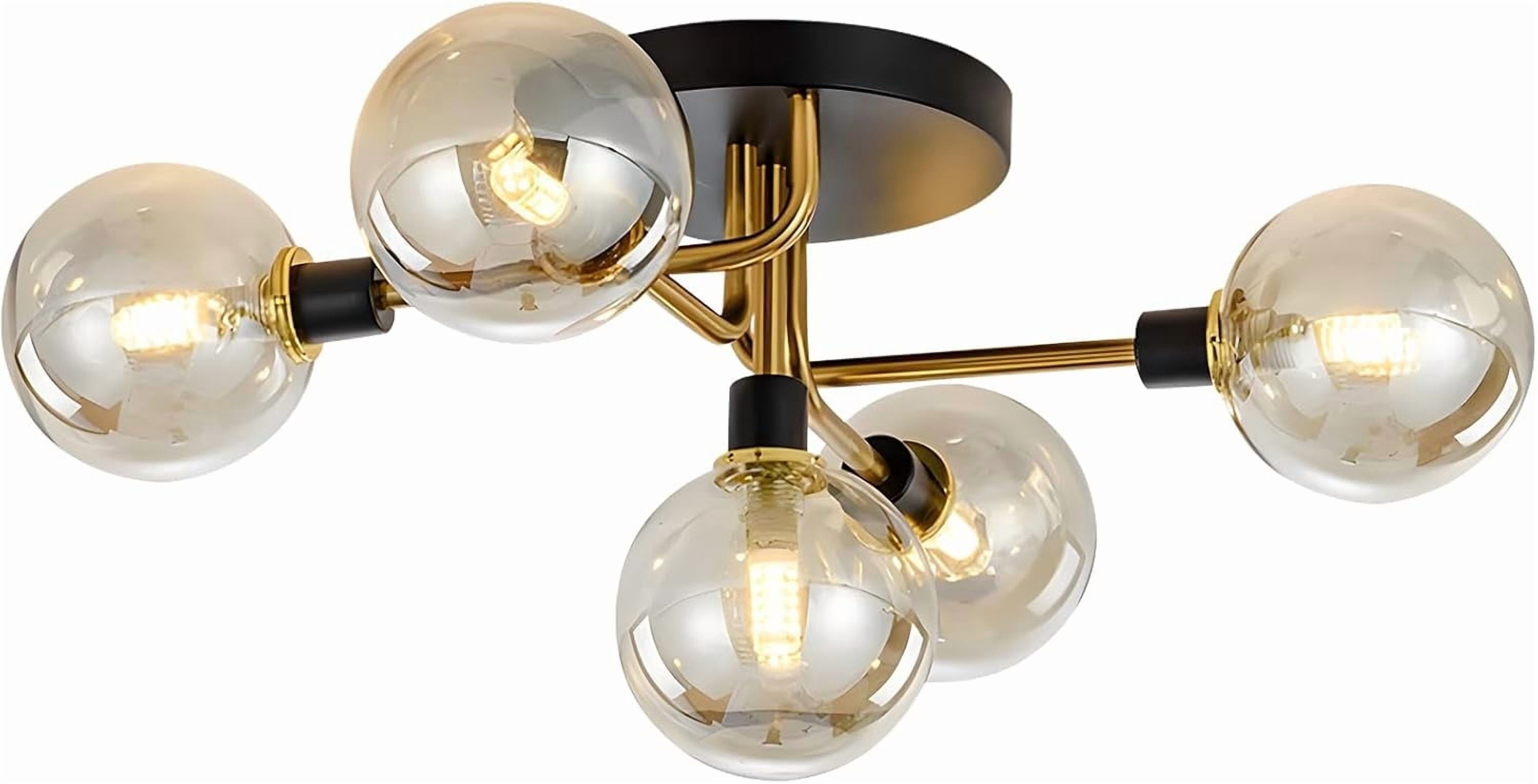 KCO Lighting 5-Light Mid-Century Modern Glass Globe Semi Flush Mount Ceiling Light, Black and Gold Ceiling Lamp