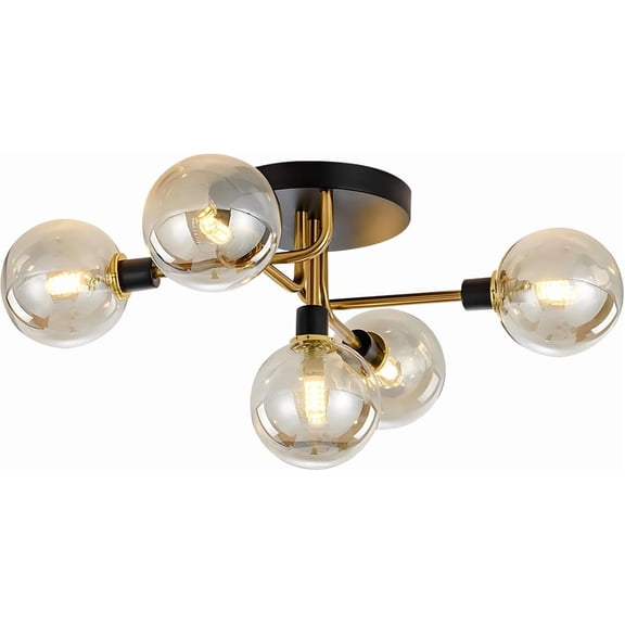 KCO Lighting 5-Light Mid-Century Modern Glass Globe Semi Flush Mount Ceiling Light, Black and Gold Ceiling Lamp