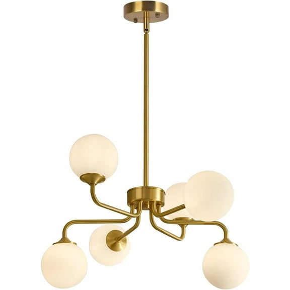 KCO Lighting 6-Light Frosted Glass Globe Brushed Brass Chandelier, Mid Century Modern Gold Pendant Light