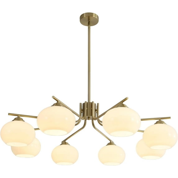 KCO Lighting 8-Lights White Glass Globe Sputnik Chandelier Mid Century Modern Gold Semi Flush Mount Ceiling Lamp