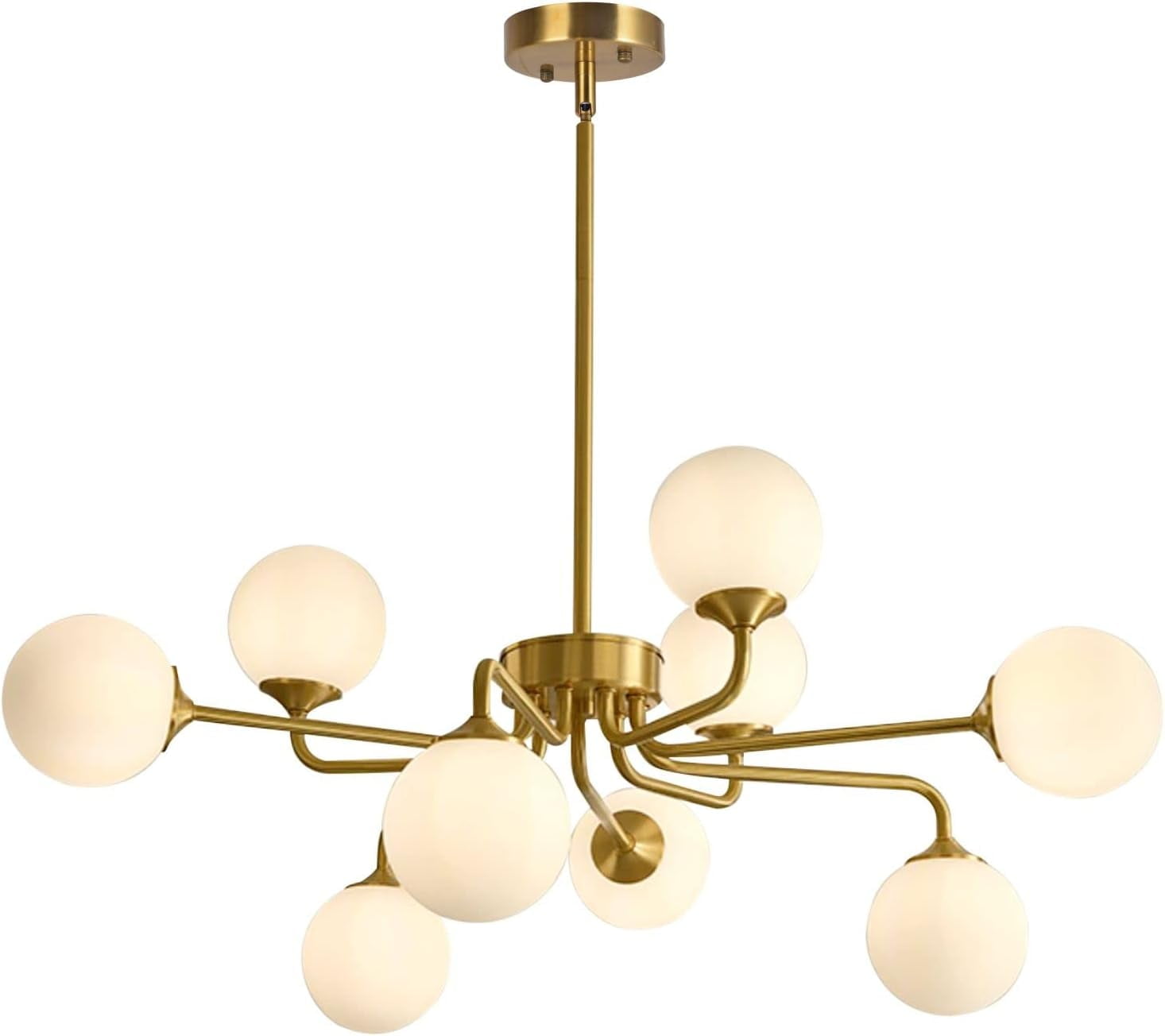 KCO Lighting 9 Light Mid Century Modern Gold Sputnik Chandelier, White Opal Glass Globe Pendant Light Fixture