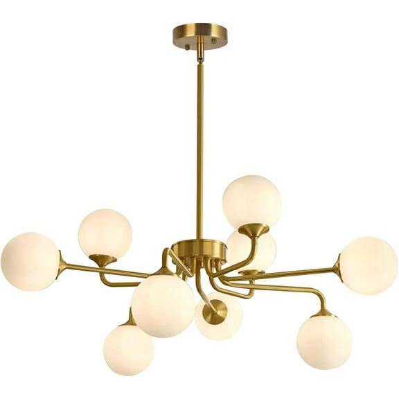 KCO Lighting 9 Light Mid Century Modern Gold Sputnik Chandelier, White Opal Glass Globe Pendant Light Fixture
