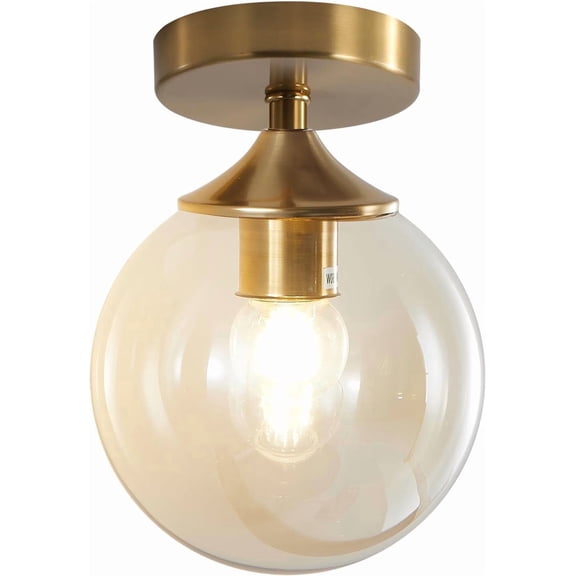 KCO Lighting Amber Glass Globe Flush Mount Ceiling Light, Antique Brass Semi Flush Mount Ceiling Light, Small Hallway Light