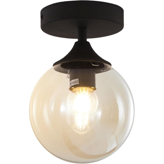 KCO Lighting Black Globe Semi Flush Mount Ceiling Light, Amber Glass Ceiling Light, Mid Century Modern Overhead Light