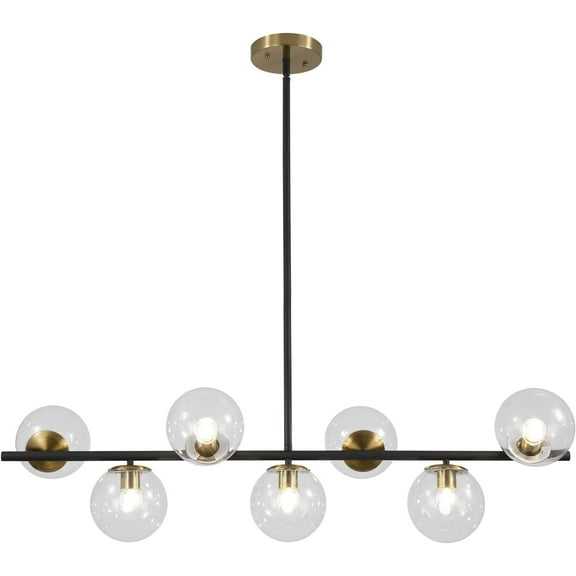 KCO Lighting Black and Brass Chandelier, 7 Light Clear Glass Bubble Chandelier, Farmhouse Gold Linear Kitchen Pendant Lighting