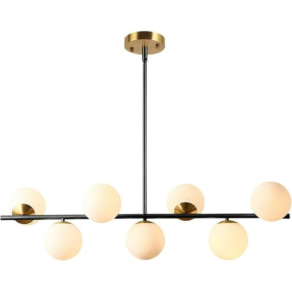 KCO Lighting Black and Brass Linear Pendant Light, 7-Lights Modern Milk Glass Globe Sputnik Chandelier