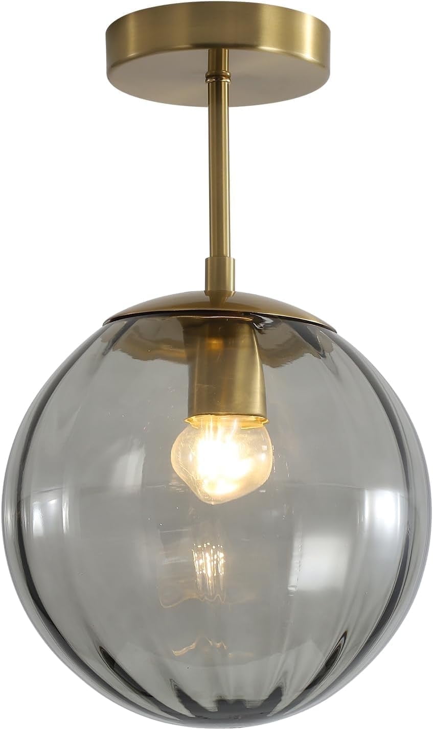 KCO Lighting Brass Gold Smoke Glass Semi Flush Mount Ceiling Light Industrial Large Globe Entryway Ceiling Light for Bathroom Porch
