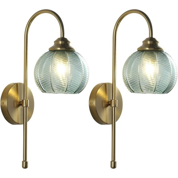 KCO Lighting Brushed Gold Wall Sconce, Vintage Green Glass Wall Sconce, Set of 2 Unique Bathroom Wall Sconces