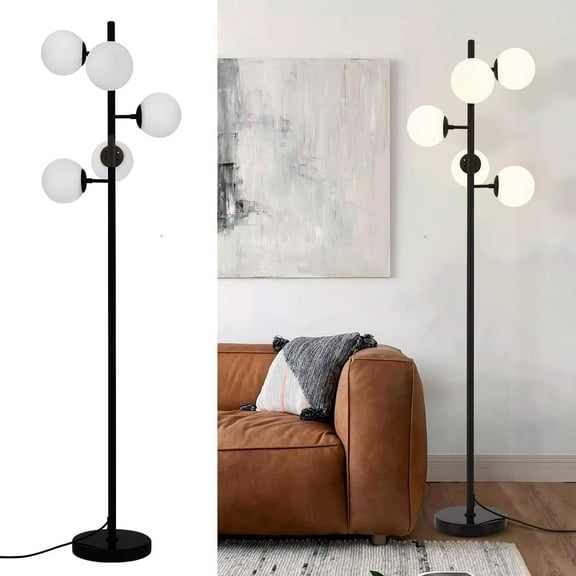 KCO Lighting Contemporary Standing Light 5-Light Frosted White Glass Globe Floor Lamp Modern Black Corner Tall Pole Lamp