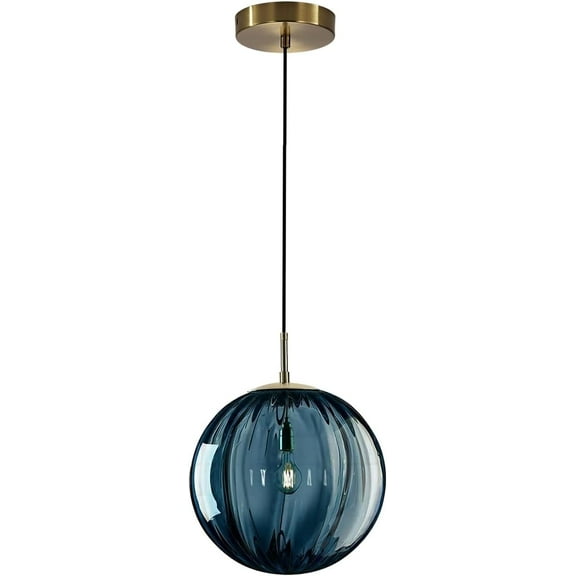 KCO Lighting Single Blue Glass Globe Pendant Lights Kitchen Island Mid Century Brushed Retro Gold Hanging Light Fixture Vintage Striped Pendant Light