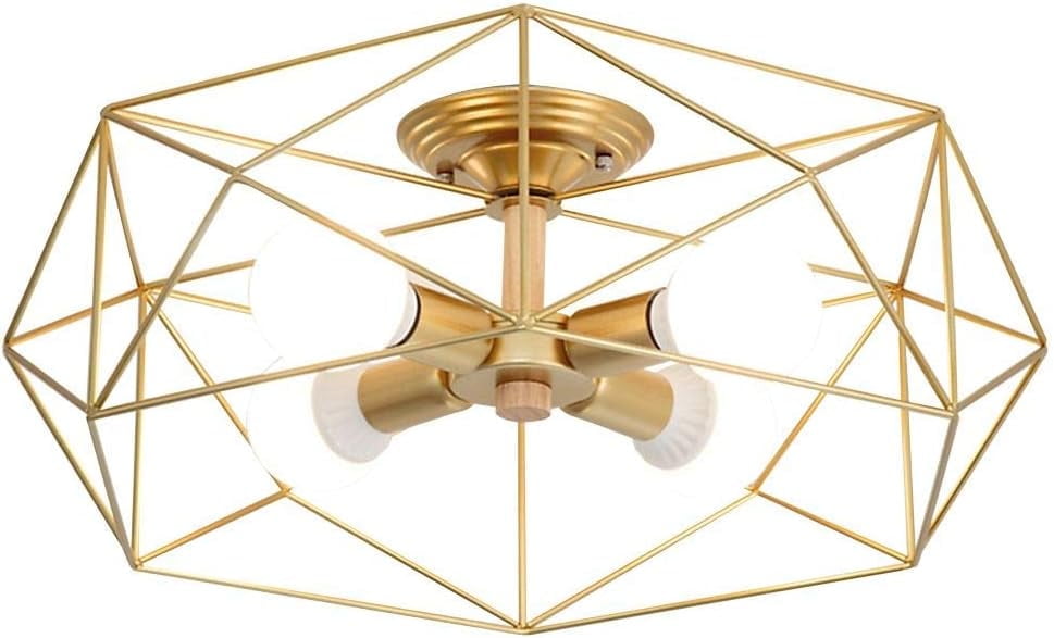 KCO Lighting Gold Cage Semi Ceiling Lights 4-Light Rustic Industrial Decor Lamp for Living Room Kitchen